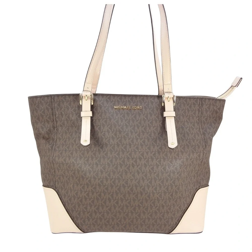 Michael‎ Kors Aria Large Jet Set Travel Brown MK Logo Tote Bag Powder Blush Trim